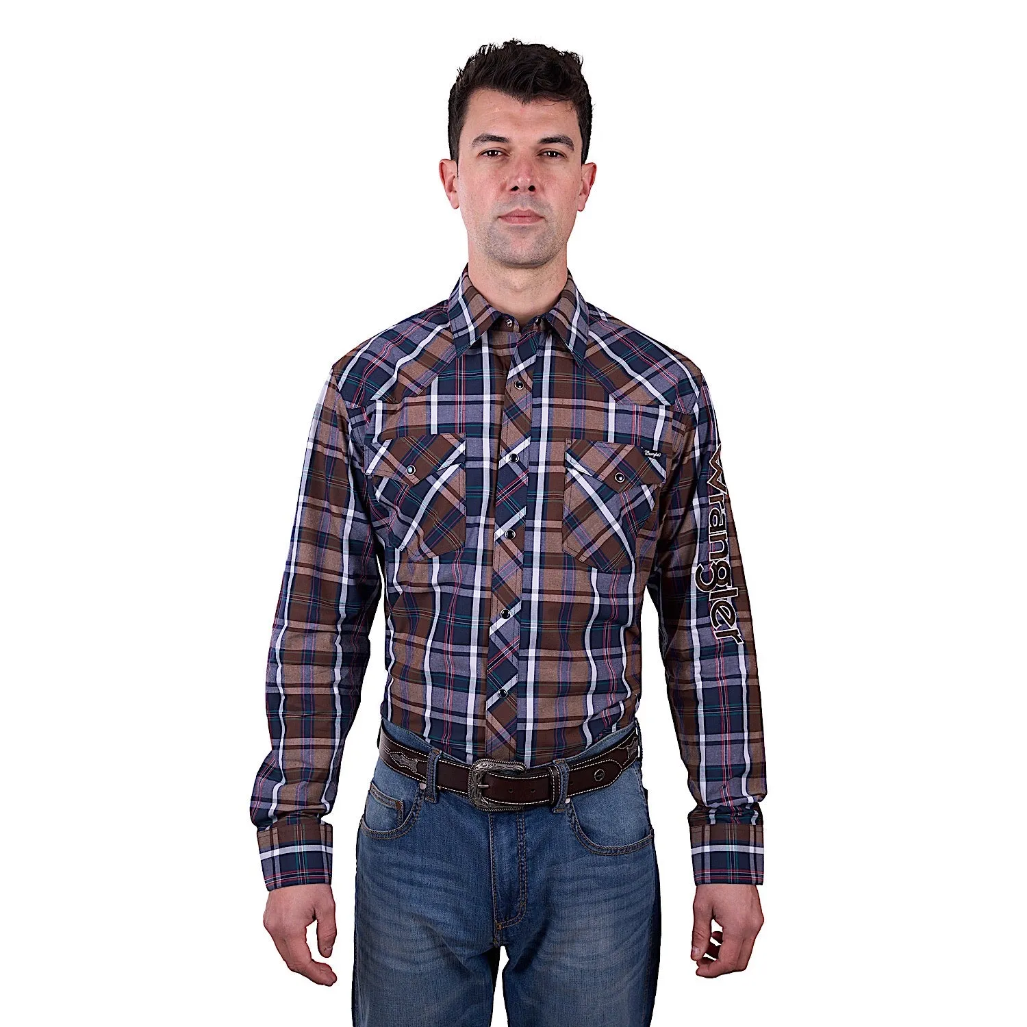 Wrangler Men's Milo Check Logo Western Long Sleeve Shirt - Tan/Navy
