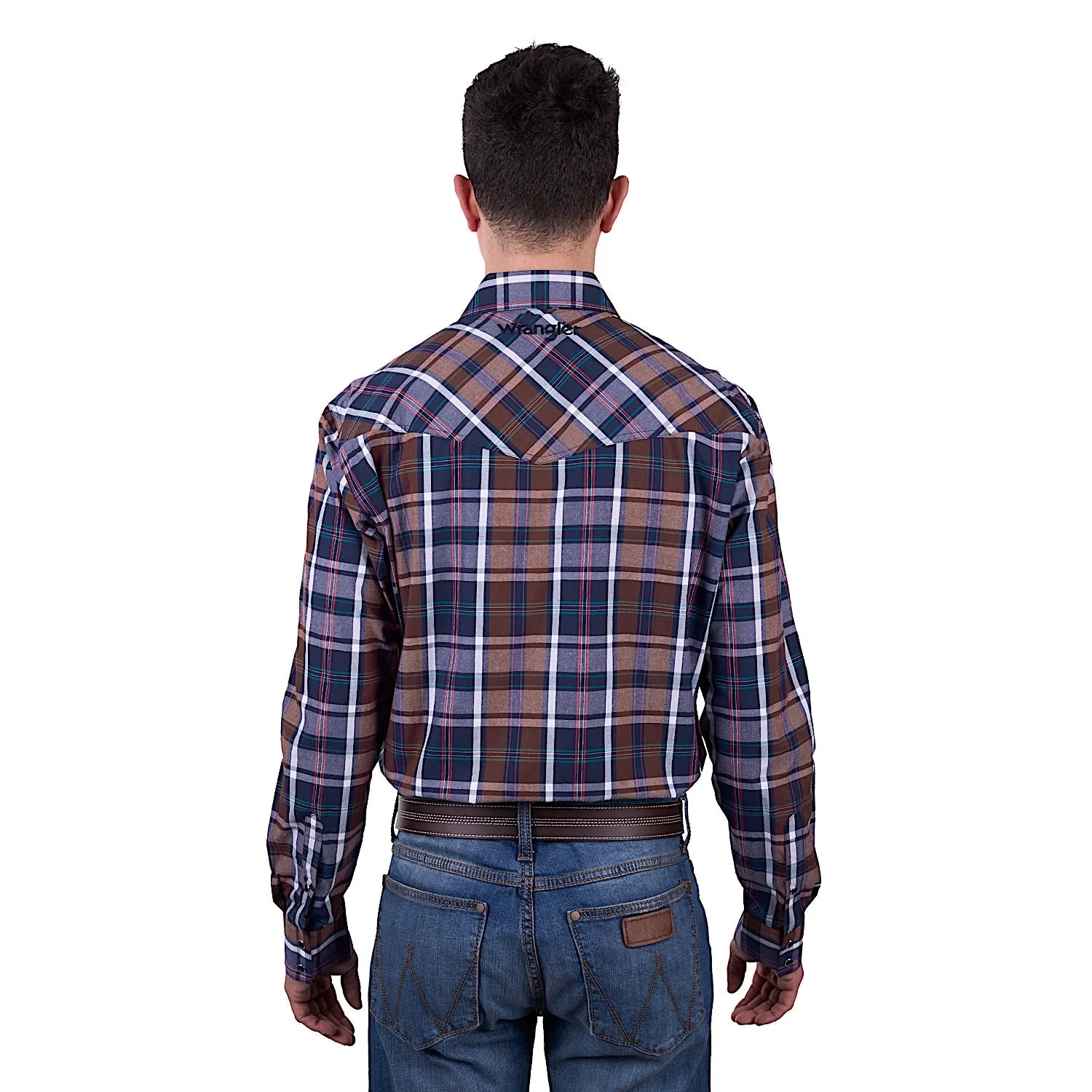 Wrangler Men's Milo Check Logo Western Long Sleeve Shirt - Tan/Navy