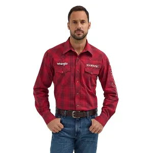 Wrangler Men's PBR Logo Plaid Western Snap Shirt - Cherry Red