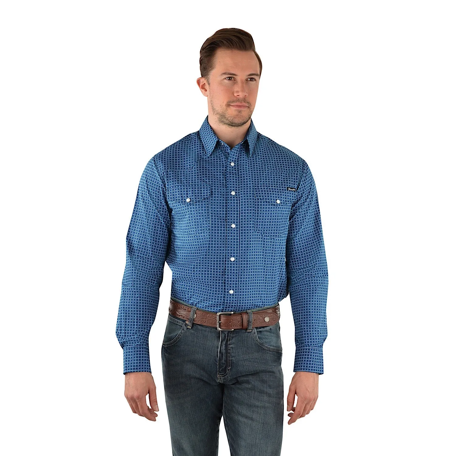 Wrangler Mens Smith Print Western L/S Shirt Navy