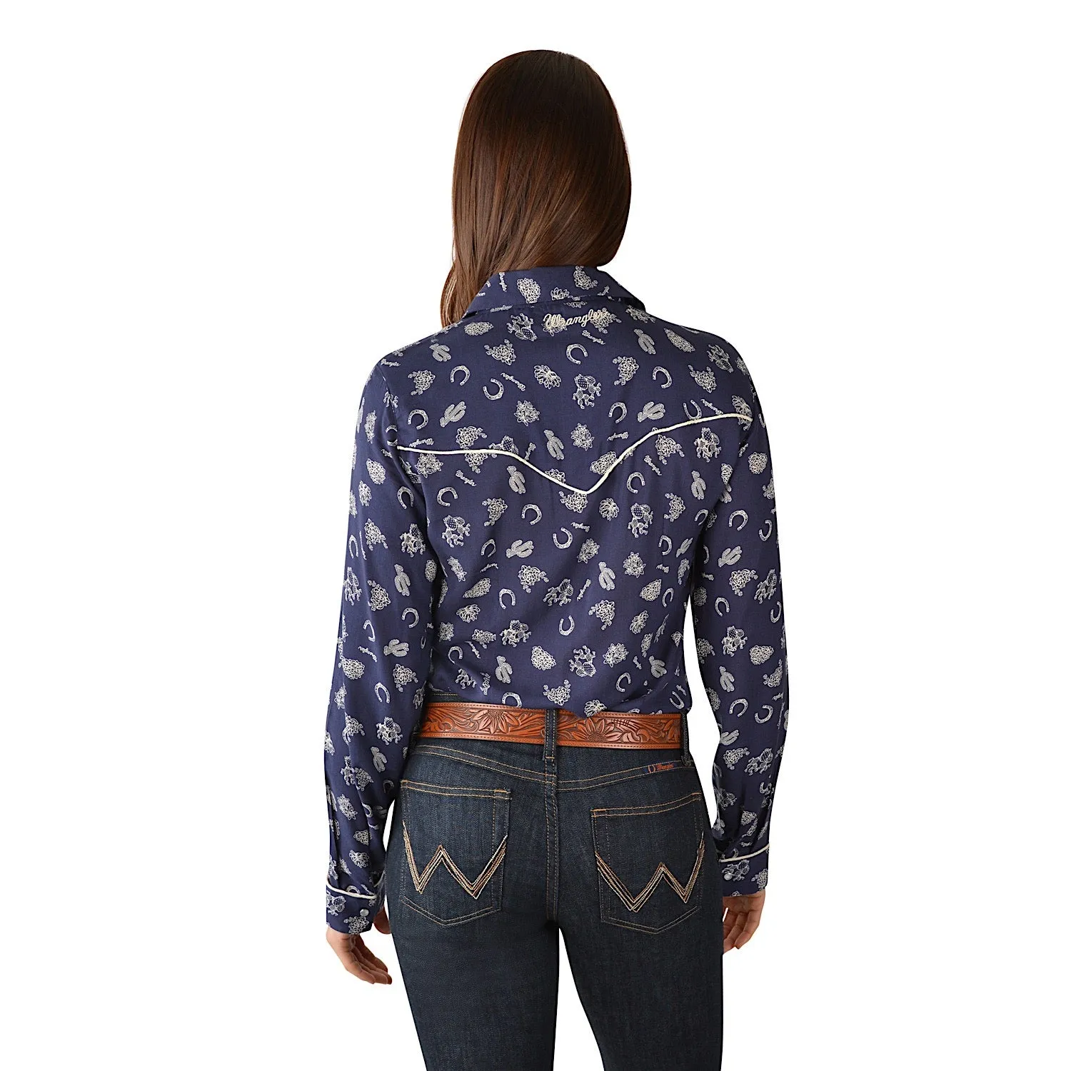 Wrangler Womens Edgewood Print L/S Western Shirt Navy/Ivory