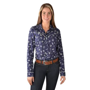 Wrangler Womens Edgewood Print L/S Western Shirt Navy/Ivory