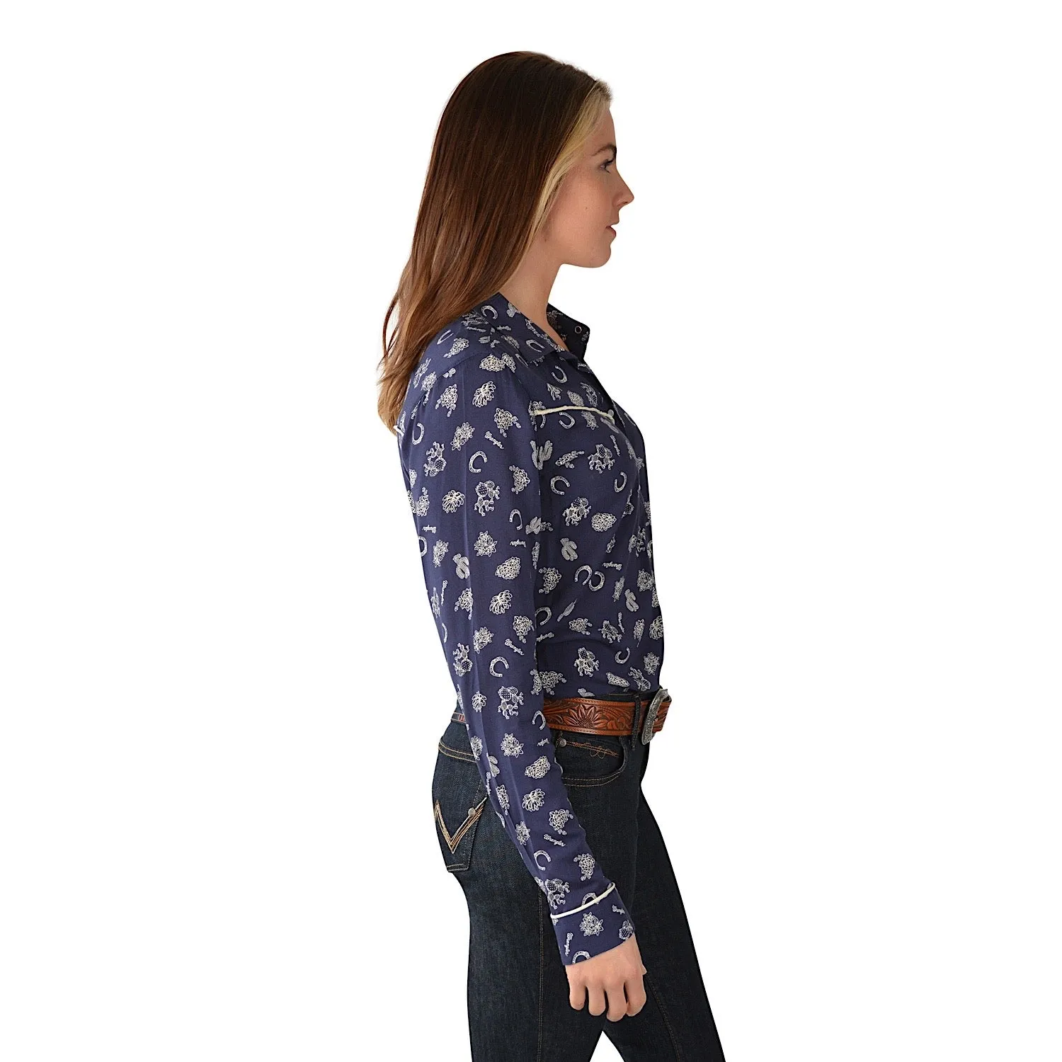 Wrangler Womens Edgewood Print L/S Western Shirt Navy/Ivory