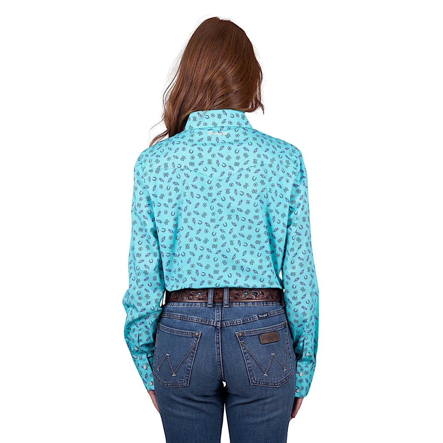 Wrangler Women's Janice Print Western Long Sleeve Shirt - Aqua