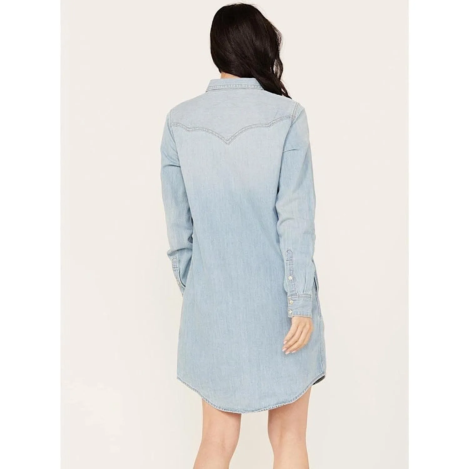 Wrangler Womens Western Snap Front Denim Shirt Dress in Light Blue Denim