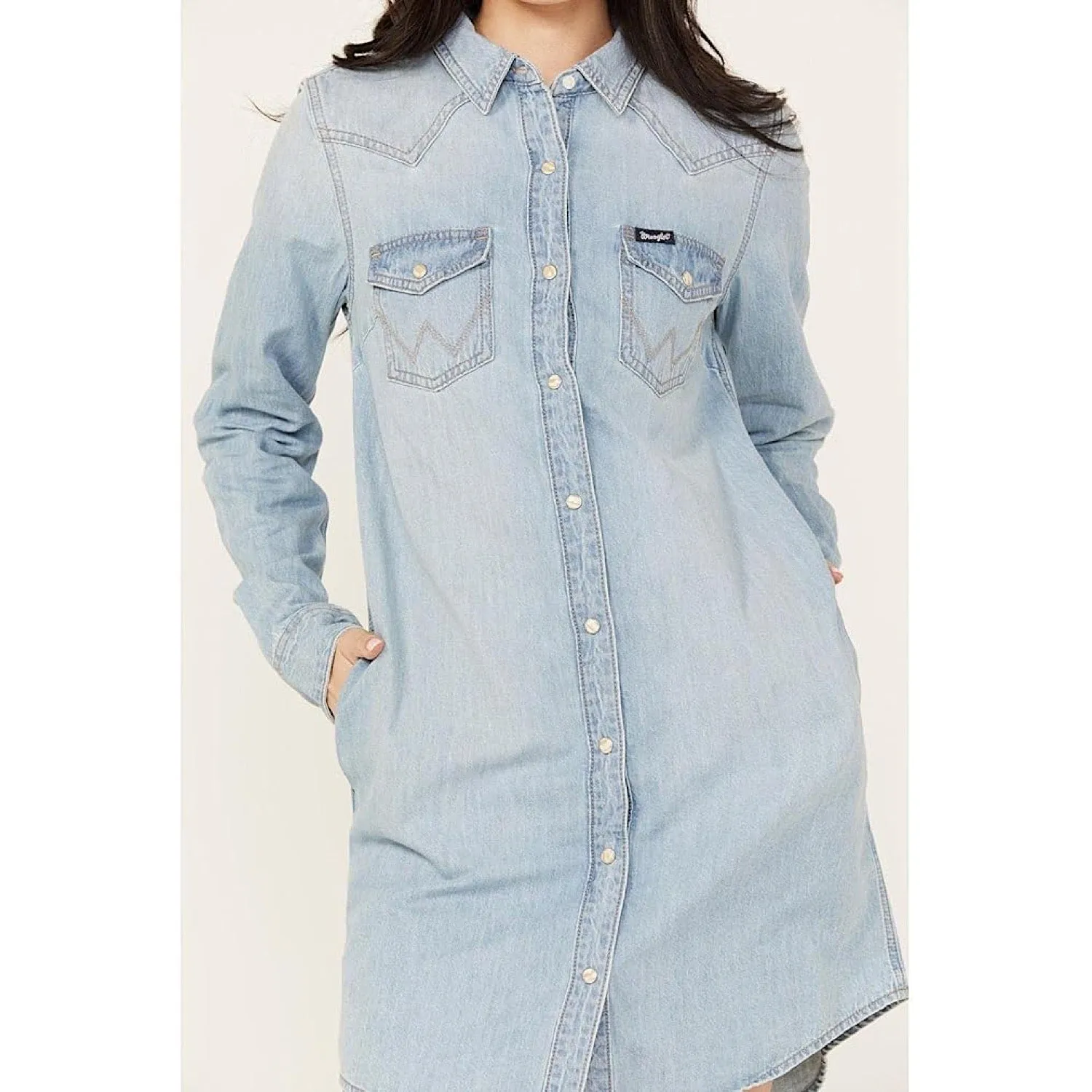 Wrangler Womens Western Snap Front Denim Shirt Dress in Light Blue Denim
