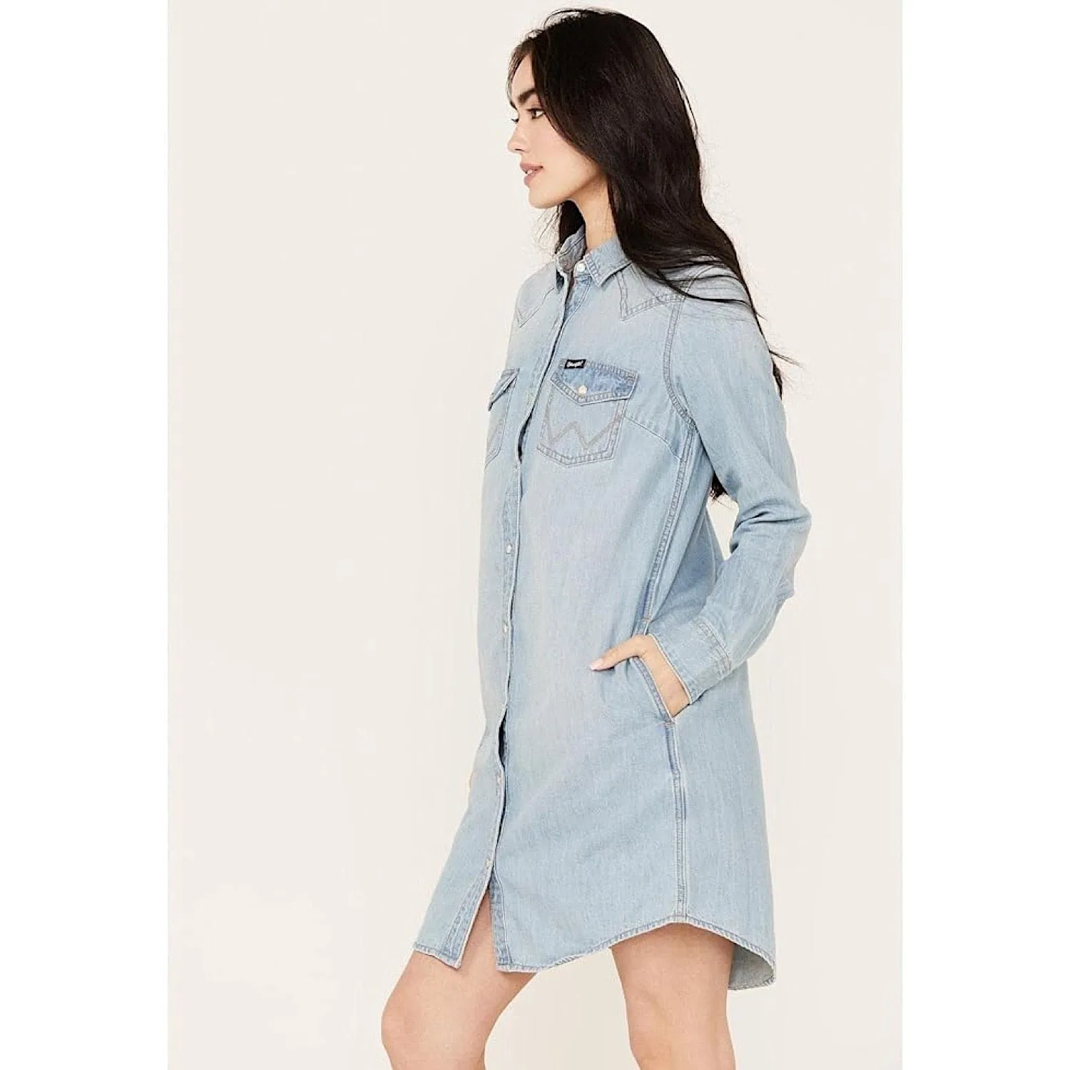 Wrangler Womens Western Snap Front Denim Shirt Dress in Light Blue Denim