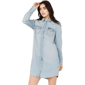 Wrangler Womens Western Snap Front Denim Shirt Dress in Light Blue Denim